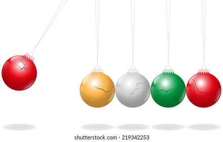 Newtons's Cradle with fragile christmas balls as pendulums instead of metal balls. Isolated vector illustration on white background.