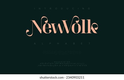 Newvolk premium luxury elegant alphabet letters and numbers. Elegant wedding typography classic serif font decorative vintage retro. Creative vector illustration