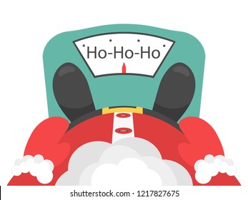 New-year concept, Santa's slimming. Fat Santa Claus, Santa is on the scales. Santa Claus measures his weight, Santa is standing on the scales. Vector illustration.