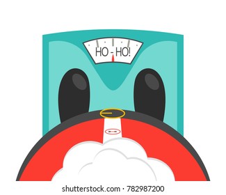 New-year concept, slimming Santa. Fat Santa Claus. Santa is on the scales. Preparing Santa for Christmas. Vector illustration in a flat style.