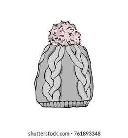 New-year gray knitted hat with a balabon. Winter clothes. Hand drawn vector illustration on a white background.