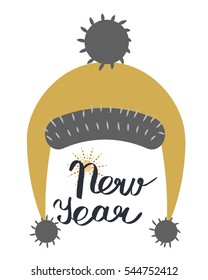 NewYear at with strings ending in pompoms isolated on white. Winter fur woolen cap. Unisex warm funny headwear with trim and ball on top. Flat icon winter snowboard accessory in cartoon style vector