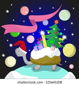 A new-year tortoise carries gifts. Vector illustration.