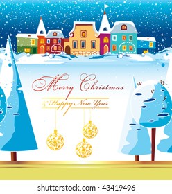 New-Year's winter background with Christmas tree. Greeting sweet postcard with houses and snow. Christmas background of winter dream. Vector illustration contains the image of winter landscape.