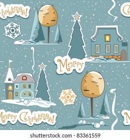 New-Year's winter background with Christmas tree. Seamless texture with houses and snow. Vector illustration contains the image of winter landscape.