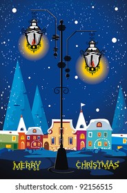 Fondo de invierno de Año Nuevo con árbol de Navidad. Saludando dulces postales con casas y linternas.