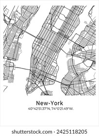 New-York city map. Travel poster vector illustration with coordinates. New-York, Manhattan, The United States Map in light mode.