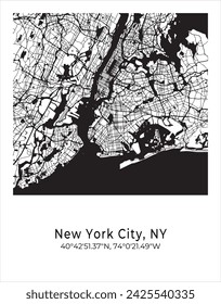 New-York city map. Travel poster vector illustration with coordinates. New-York, Manhattan, The United States Map