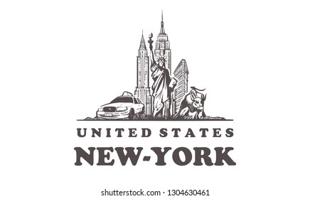 New-York sketch skyline. United states, New-York hand drawn vector illustration. Isolated on white background.