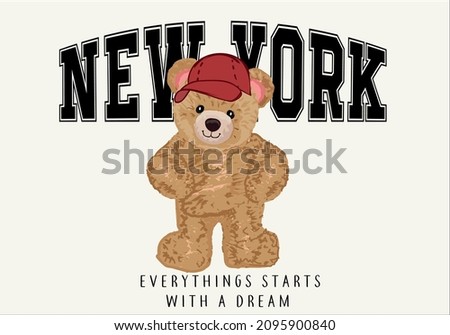 newyork text mesage with cool teddy bear illustration vector drawing