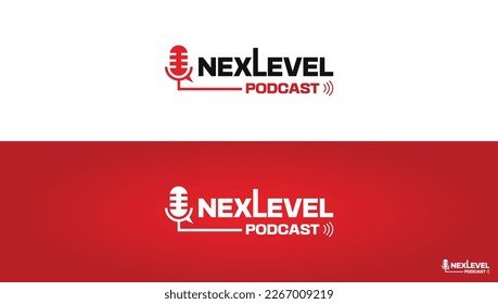 Nexlevel Podcast or Radio Logo design using Microphone and chat or talk icon.