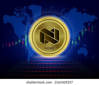 Nexo (NEXO) coin. 3D Vector illustration. Cryptocurrency blockchain (crypto currency) Future digital replacement technology. Silver golden virtual currency growth share chart is background.