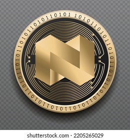 Nexo (NEXO) cryptocurrency golden coin isolated in transparent background. Virtual currency token symbol vector illustration based on cryptography and block chain technology.