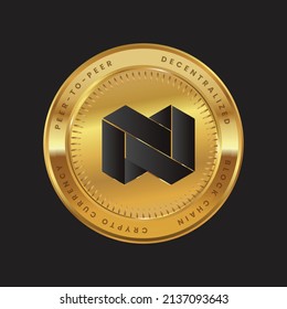 NEXO Cryptocurrency logo in black color concept on gold coin. Nexo Coin Block chain technology symbol. Vector illustration.