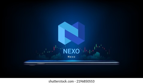 Nexo cryptocurrency symbol come out from smartphone with growth chart. Trading crypto currency on application. Financial investment banner for news or website. Icon coin token vector EPS10.