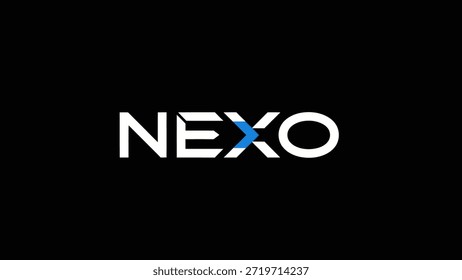 El logotipo de Nexo, presentado en blanco claro sobre un fondo negro puro, presenta una 'X' estilizada con una flecha azul integrada, que simboliza hacia adelante