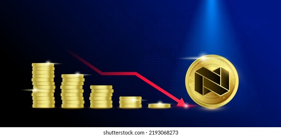 NEXO (NEXO) on blue background. Stablecoin blockchain token price down from pile of gold coins.There is space to enter message. Nice for cryptocurrency and digital money concept.