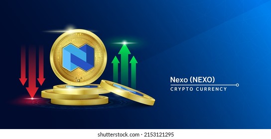 Nexo token cryptocurrency banner. Future currency on blockchain stock market with red-green arrows up and down. Gold coins crypto currencies. Banner for news on a solid background. 3D Vector.