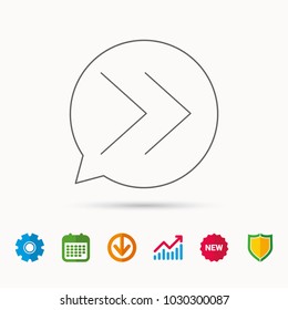 Next arrow icon. Forward sign. Right direction symbol. Calendar, Graph chart and Cogwheel signs. Download and Shield web icons. Vector