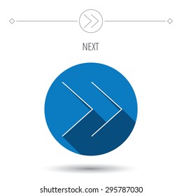 Next arrow icon. Forward sign. Right direction symbol. Blue flat circle button. Linear icon with shadow. Vector