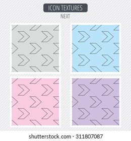 Next arrow icon. Forward sign. Right direction symbol. Diagonal lines texture. Seamless patterns set. Vector