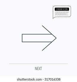 Next arrow icon. Forward sign. Right direction symbol. Linear outline icon. Speech bubble of dotted line. Vector
