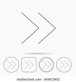 Next arrow icon. Forward sign. Right direction symbol. Linear circle, square and star buttons with icons.