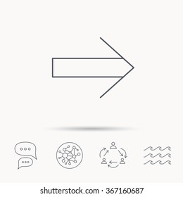 Next arrow icon. Forward sign. Right direction symbol. Global connect network, ocean wave and chat dialog icons. Teamwork symbol.