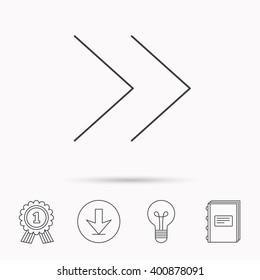 Next arrow icon. Forward sign. Right direction symbol. Download arrow, lamp, learn book and award medal icons.
