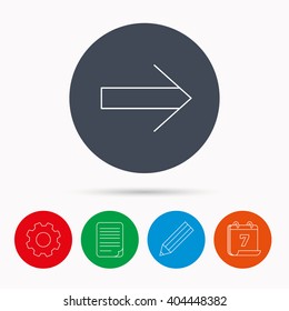 Next arrow icon. Forward sign. Right direction symbol. Calendar, cogwheel, document file and pencil icons.