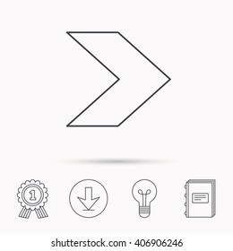 Next arrow icon. Forward sign. Right direction symbol. Download arrow, lamp, learn book and award medal icons.
