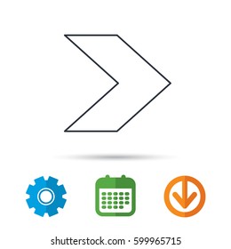 Next arrow icon. Forward sign. Right direction symbol. Calendar, cogwheel and download arrow signs. Colored flat web icons. Vector