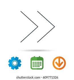 Next arrow icon. Forward sign. Right direction symbol. Calendar, cogwheel and download arrow signs. Colored flat web icons. Vector