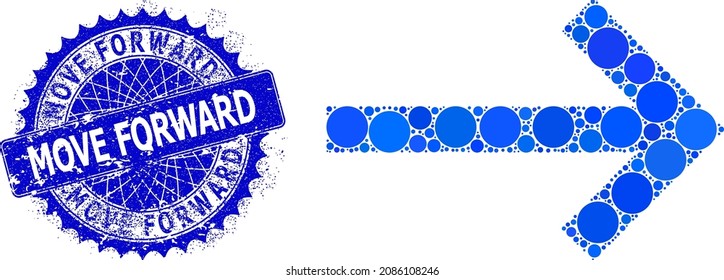 Collage vectorial de flecha siguiente de puntos de círculo en diferentes tamaños y tonos azules, y marca de movimiento hacia adelante recortada. El sello de marca de rosette agudo redondo azul tiene la etiqueta Mover hacia adelante dentro.