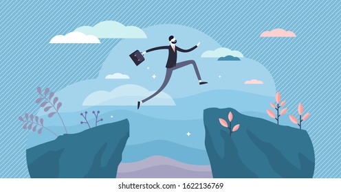 Next Big Business Leap, Businessman Jumping Over A Cliff Gorge. Flat Tiny Person Vector Illustration. Symbolic Success Move While Taking Risk. Entrepreneur Challenges, Motivation And Personal Growth.