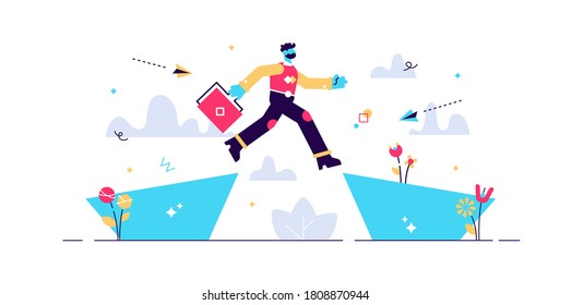 Next big business leap, businessman jumping over a cliff or gorge. Flat tiny person vector illustration. Symbolic success move while taking risk. Entrepreneur challenges, motivation and personal growth.