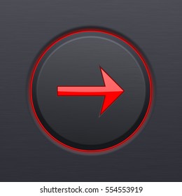 Next button. Round red arrow on black plastic background. Vector 3d illustration.
