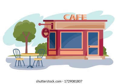 next to the cafe there is a table with two chairs under a green tree, isolated object on a white background, vector illustration,