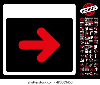 Next Calendar Day icon with bonus calendar and time management clip art. Vector illustration style is flat iconic symbols, red and white, black background.