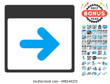 Next Calendar Day pictograph with bonus calendar and time management clip art. Vector illustration style is flat iconic symbols, blue and gray colors, white background.
