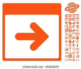 Next Calendar Page icon with bonus calendar and time management design elements. Vector illustration style is flat iconic symbols, orange color, white background.
