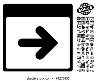 Next Calendar Page icon with bonus calendar and time management icon set. Vector illustration style is flat iconic symbols, black color, white background.