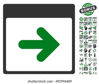 Next Calendar Page pictograph with bonus calendar and time management icon set. Vector illustration style is flat iconic bicolor symbols, green and gray colors, white background.