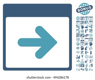 Next Calendar Page pictograph with bonus calendar and time management icon set. Vector illustration style is flat iconic bicolor symbols, cyan and blue colors, white background.
