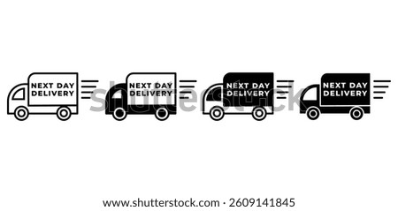Next Day Delivery Icon Set Black and White Truck Vector Design Graphics
