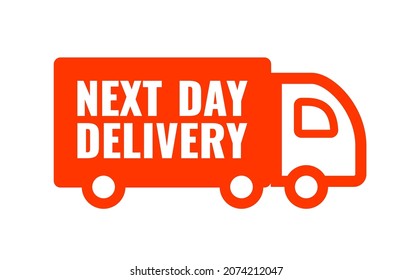 Next day delivery. Red Banner with text. Icon car. Vector button isolated on white background.