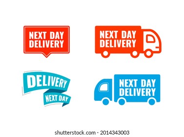 Next day delivery. Set Red and blue Banner with text. Icon car. Vector button isolated on white background.