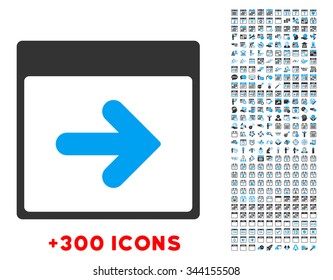 Next Day vector pictogram with additional 300 date and time management icons. Style is bicolor flat symbols, blue and gray colors, rounded angles, white background.