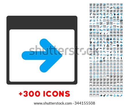 Next Day vector pictogram with additional 300 date and time management icons. Style is bicolor flat symbols, blue and gray colors, rounded angles, white background.