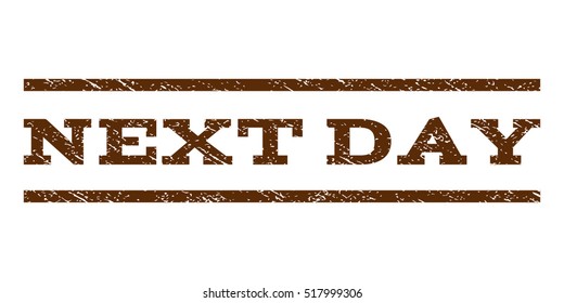 Next Day watermark stamp. Text tag between horizontal parallel lines with grunge design style. Rubber seal stamp with dust texture. Vector brown color ink imprint on a white background.